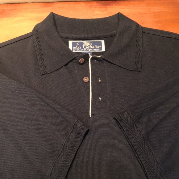 NWOT La Cabaña short sleeve polo shirt, medium, black/gold trim, fancy buttons - Picture 1 of 5